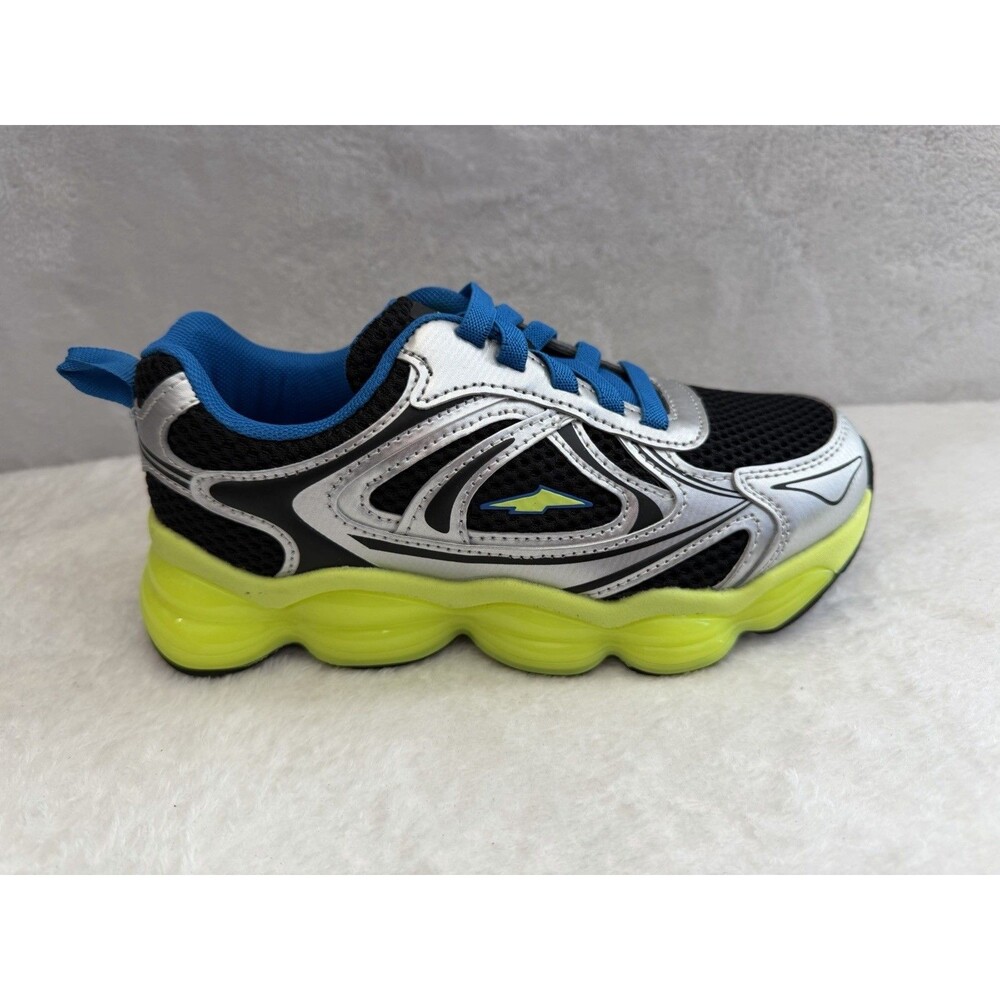 Avia Boys Size 3 Athletic Sneakers Black Silver Neon Green Memory Foam
